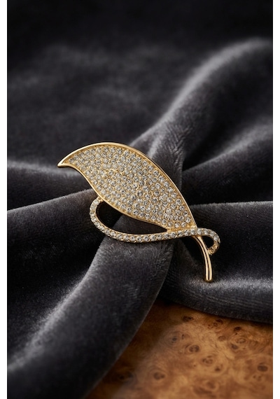 Gold Renk Zirkon Taşlı Yaprak Model Broş Altın