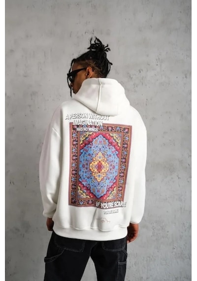 Vexor Erkek Kilim Desen Kapüşonlu Sweat- Beyaz