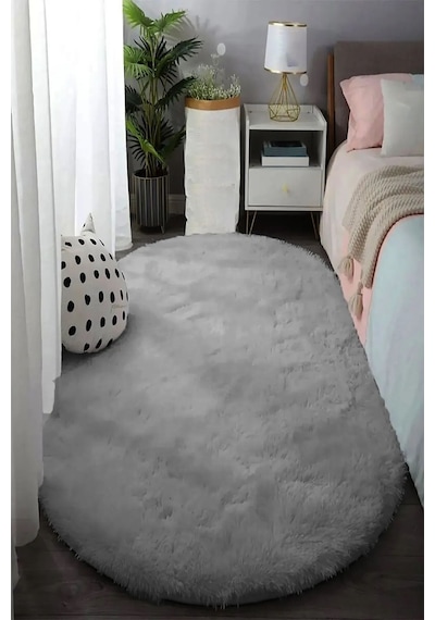 Raschel Carpet Oval Kesme Yolluk Kaymaz Taban Kalın Yumuşak Peluş Halı Özel Taban Açık Gri