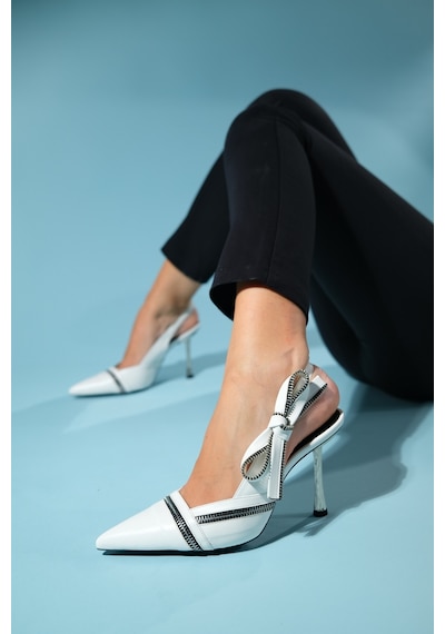 Luvishoes Glen Beyaz Cilt Fermuar Detaylı Kadın Yüksek Topuklu Ayakkabı Beyaz