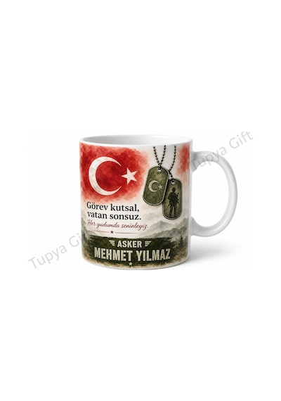 Askere Hediye İsme Özel Baskılı Kupa Bardak Asker Temalı Özel Tasarım Beyaz