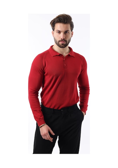 Madmext Kırmızı Polo Yaka Dokulu Uzun Kollu Kazak E7264 Kırmızı