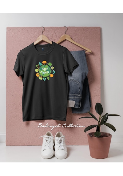 Oversize Save The Planet Trees Tasarımlı Unisex T-shirt Siyah