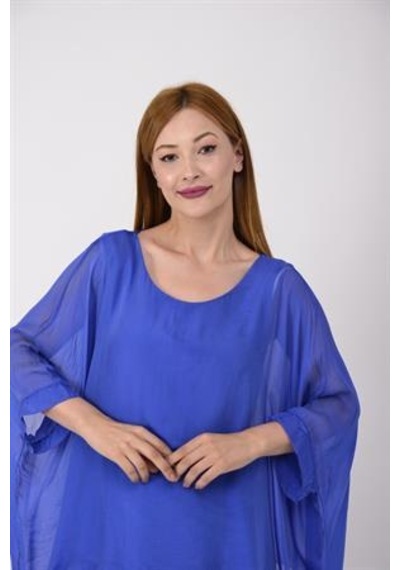 Bohem Stil İtalyan Yarasa Kol İpek Bluz-8869 Saks Mavi