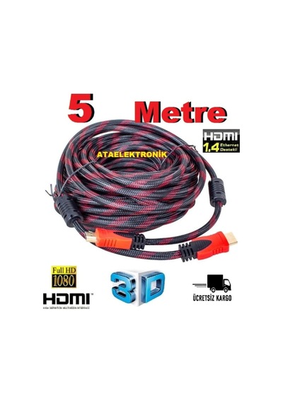 Pc İle Tv Arası 5 Metre Ses Ve Görüntü Kablosu Hdmı Gold Altın Kablo Full Hd 3d 1080p 4k - Örgülü