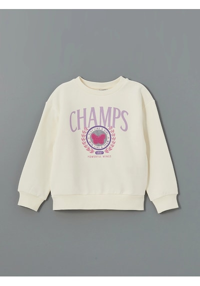 LC Waikiki Lcw Kids Ekru Bisiklet Yaka Kız Çocuk Kalın Sweatshirt Cream