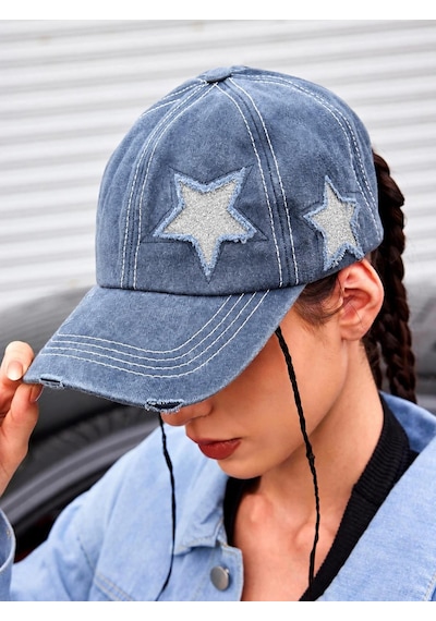 Valkyrie Vintage Lacivert Yıldız Nakışlı Şapka Unisex Eskitme Baseball Cap Ayarlanabilir Pamuk Günlük Spor Şapka
