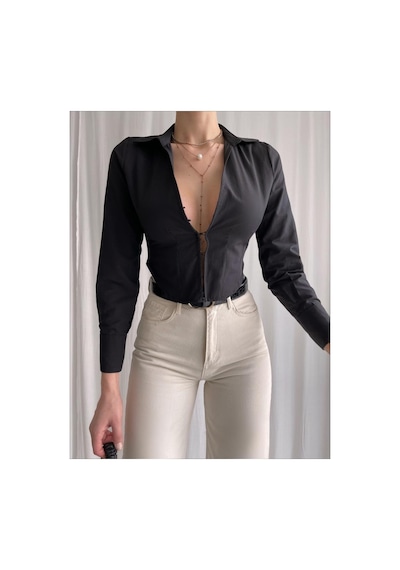 Munora Butik Önü Kopçalı Poplin Crop Siyah Gömlek Siyah Siyah
