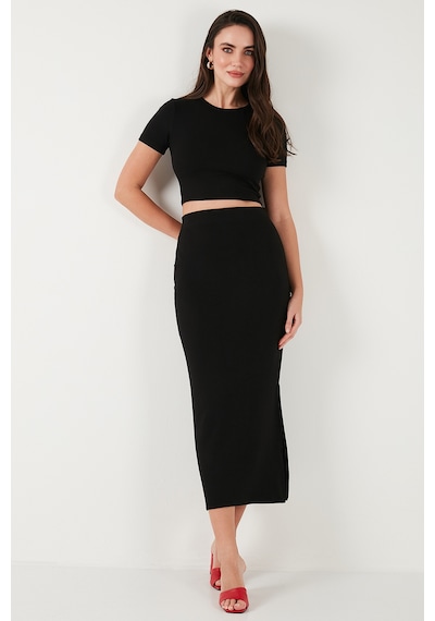 Lela Slim Fit Yırtmaç Detaylı Uzun Etekli Crop Bayan Takım 5866148 Siyah