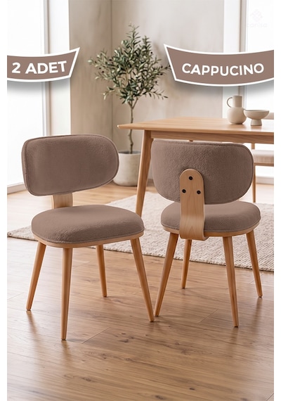 Valey Serisi 1.sınıf Doğal Ahşap İskelet 2 Adet Cappucino Bukle Kumaş Mutfak Sandalyesi Cappucino Sandalye Doğal Ahşap İskelet
