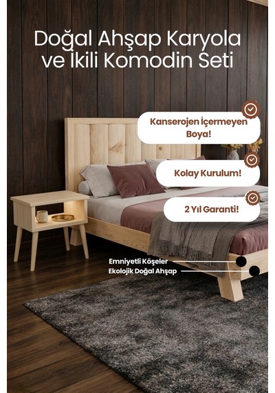 Hüma Dikey Başlıklı Masif Ahşap Karyola Ve 2 Adet Vernik 90x190