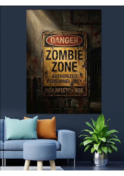 Retro Zombie Zone Uyarı Levhası Dekoratif Kanvas - Mdf Ahşap Tablo