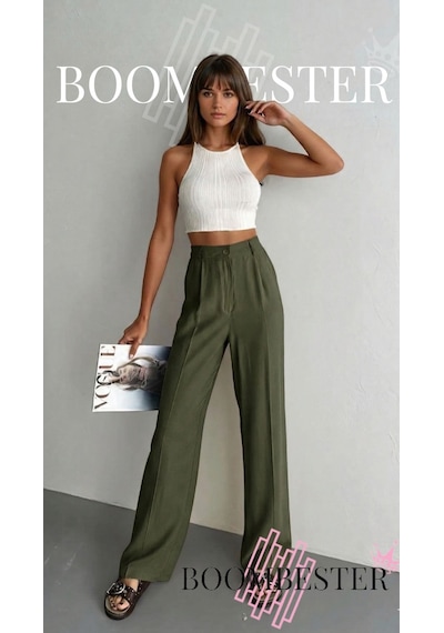 Boombester Premium Tnsel Palazzo Pantolon Yüksek Bel Bol Paça Kadın Pantolon Dökümlü Rahat Haki Boombester Premium Tnsel Palazzo Pantolon Yüksek Bel Bol Paça Kadın Pantolon Dökümlü Rahat Haki