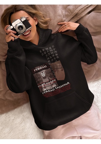 Sevbano Tasarım Itachi Uchiha Baskılı Unisex Oversize Naruto Anime Karakt Siyah
