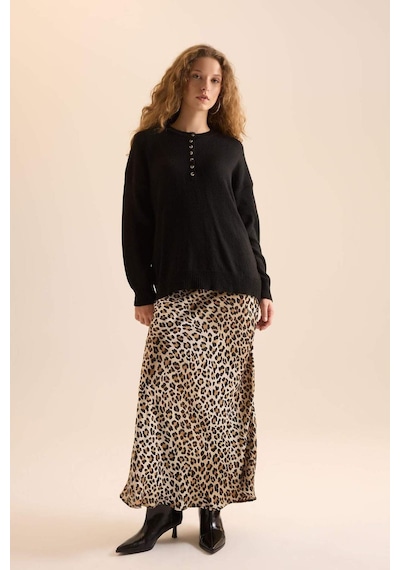 Defacto Straight Fit Normal Bel Leopar Desenli Saten Maxi Etek D6886axnser103 Ekru