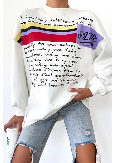 Femelle Yeni Sezon Selfie Baskılı Pamuklu Oversize Sweatshirt beyaz