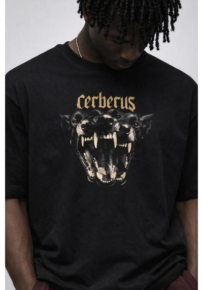 Yolo Street Cerberus Baskılı Oversize Siyah Tişört %100 Pamuk Unisex Streetwear Siyah