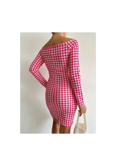 Angbutik Kadın Modern Tasarım V Yaka Standart Kol Elbise Pembe