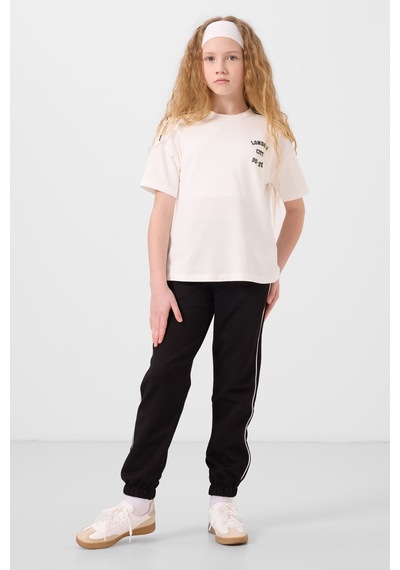 Tommylife Ekru-siyah O Yaka Baskılı Lastik Paçalı Standart Fit Kız Çocuk Eşofman Takım - 75186 Ekru/sıyah Ekru - Siyah
