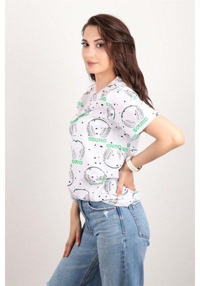 Kadın Baskılı Bisiklet Yaka Oversize T-shirt Çok Renkli