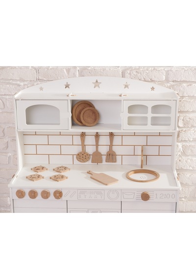 Boyalı Beyaz Ahşap Oyuncak Bulaşık Makine Detaylı Mutfak Tabak Ve Spatula Seti Hediye