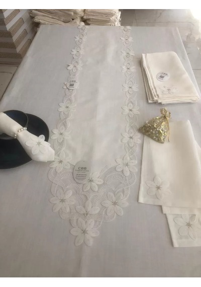 Sofra Takımı Evita Gardenya Keten Yemek Takımı 160x260 Masa Seti 26 Parça Runner Set Krem