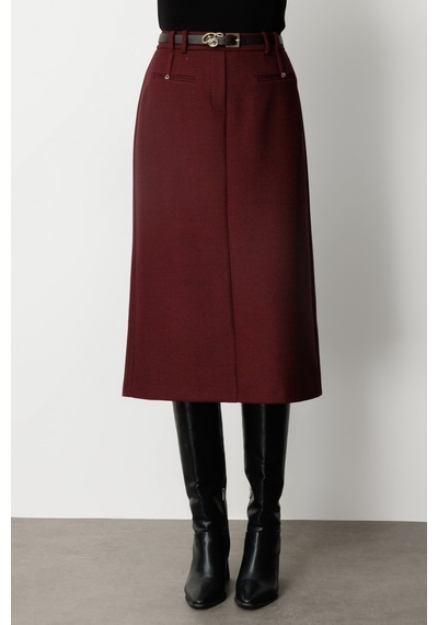 Ekol Kadın Beli Kemerli Yırtmaçlı Midi Etek 2009 Bordo Bordo