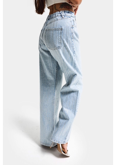 it's basic Kadın Kot Rengi T-4s6-3 Loose Fit Ön Arka Parlak Taşlı Tasarım Denim Jean