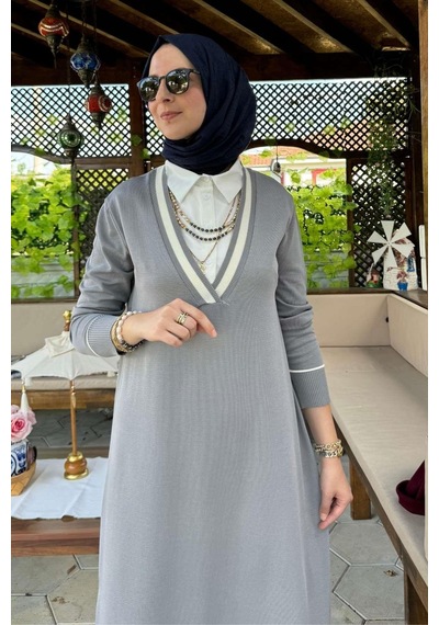 Rabia Şamlı Eylül Gömlekli Triko Elbise Gri Normal