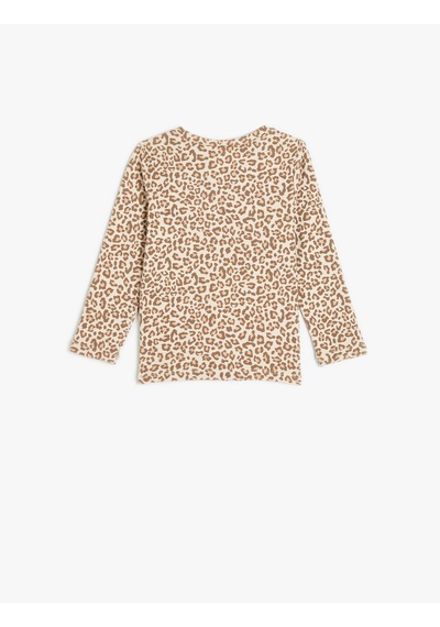 Koton Tişört Uzun Kollu Leopar Baskılı Bisiklet Yaka Pamuklu Bej Desenli 5wmg10177ak Ekru