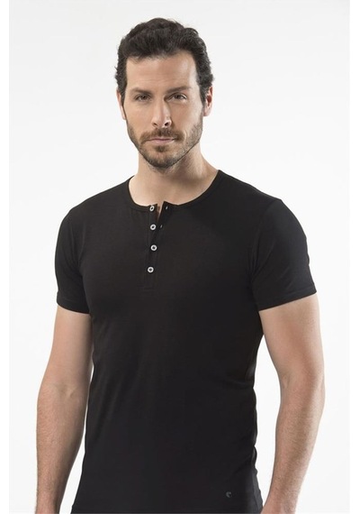 Cacharel 1308 Düğmeli Kısa Kollu Erkek T-shirt - Siyah Siyah
