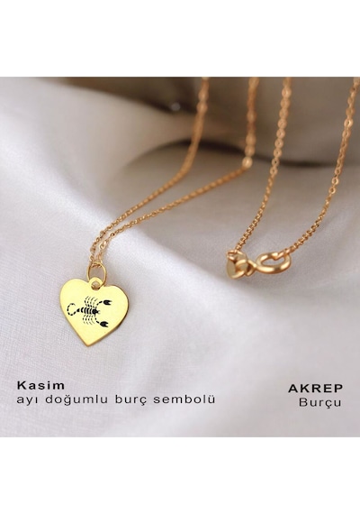 Archin Akrep Burçlarına Kalp Motifli Zincirli 14 Ayar Altın Plakalı Hediyelik Kolye-352burç Akrep