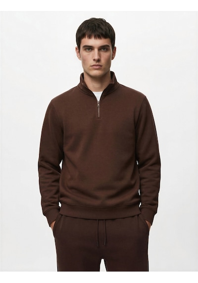 Koton Pamuklu Uzun Kollu Yarım Fermuarlı Dik Yaka Sweatshirt Kahverengi 6wam70219mk Kahve