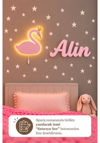El Boyaması Ahşap Kuğu Lamba & Işıksız İsimlik Seti İsimli Bebek Ve Çocuk Odası Dekoru Pembe