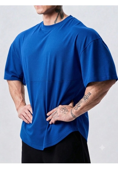 Genius Store Genius Erkek Spor Tişört Oversize Fitness & Gym Antrenman Tişörtü Mavi