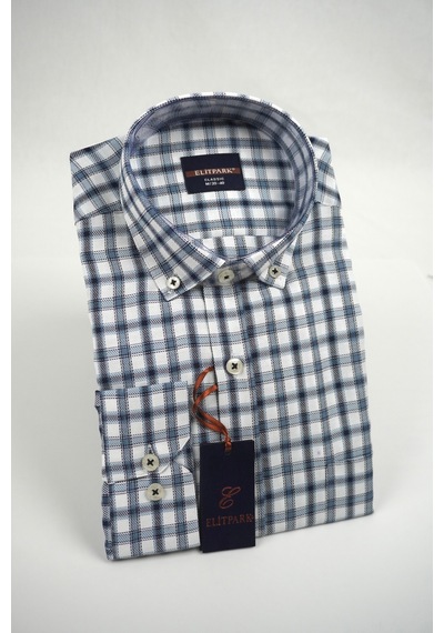Elitpark Plaid Mavi Gri Desenli Pamuklu Cepli Uzun Kol Premium Erkek Gömlek