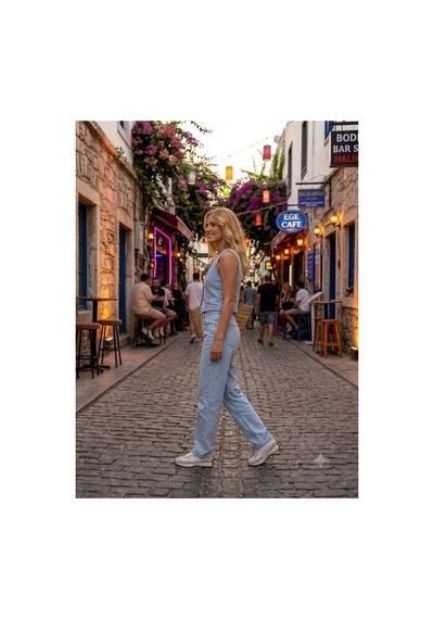 Zdnjeans Kadın Buz Mavi Denim İkili Takım Kolsuz Crop Bluz & Bol Paça Pantolon