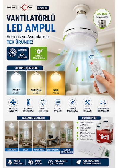 Helios Vantilatörlü Led Ampul E27 Duy Uzaktan Kumandalı 3 Modlu Fanlı Lamba