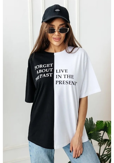 Unisex Forget Live Baskılı Oversize Tshirt Siyah