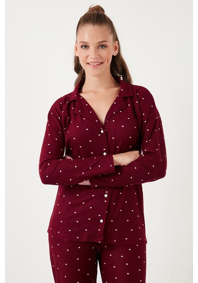 Lela Streç Standart Fit Düğmeli Bayan Pijama Takımı 60956601 Bordo