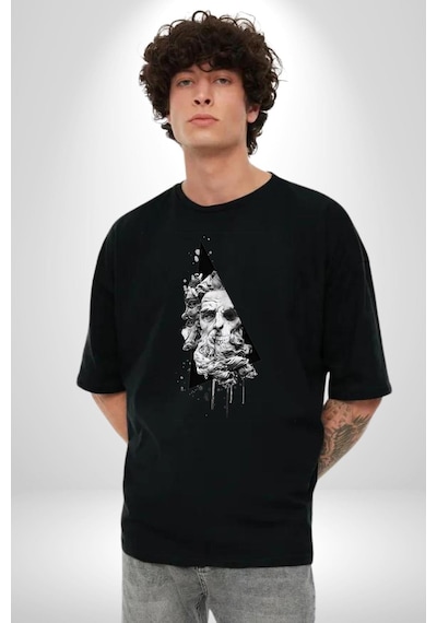 Poseidon Felsefe Pamuklu Bisiklet Yaka Unisex Oversize Boyfriend Dijital Baskılı Siyah T-shirt Siyah