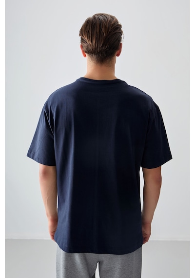 Air Jones Tommy Life Lacivert %100 Pamuk Kalın Yumuşak Dokulu Oversize Fit Baskılı Erkek T-shirt - 88358 Lacivert