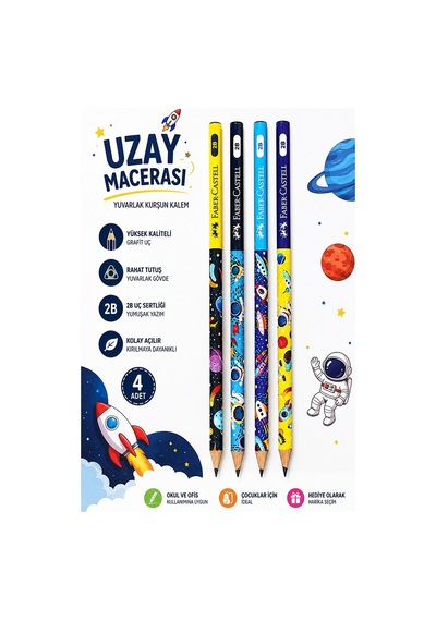 Uzay Macerası Kurşun Kalem 4 Adet Faber Castell Yuvarlak Gövdeli Siyah Kurşun Kalem Yumuşak Yazım Kolay Tutuş Kaliteli Okul Çok Renkli
