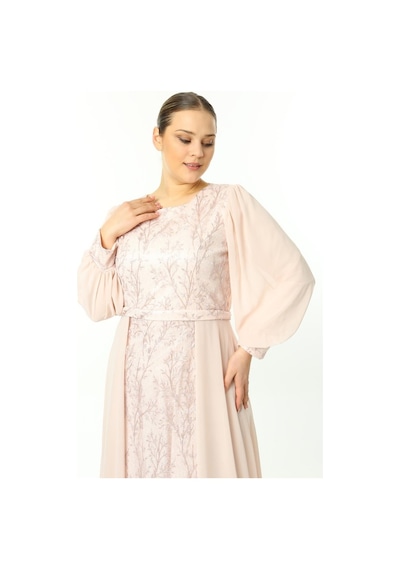 Ladies First Büyük Beden 3704 Pudra Uzun Abiye Elbise