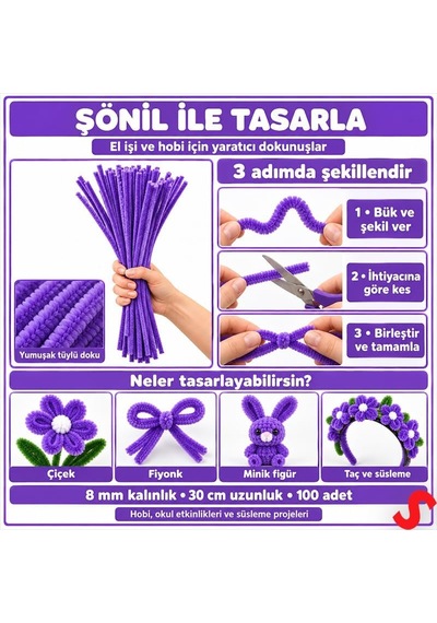 Şönil Çubuk 8 Mm Kalınlık 30 Cm Uzunluk, 100 Adet - Mor