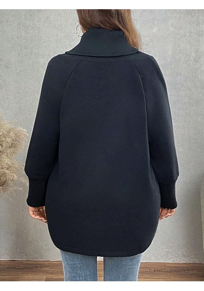 Siyah Kadın Asimetrik Kesim 3 İplik Şardonlu Sweat Ceket Fermuarlı Yaka, Cepli, Oversize Siyah