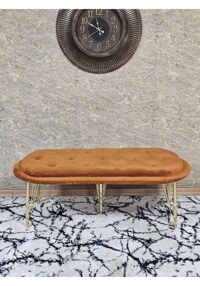 Zafir Ufo Oturak Bench - Gold Kaplama Telli Ayak - Oturak - Bench - Puf - Yatak Ucu Pufu Turuncu