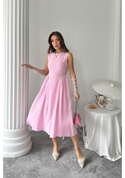 Etiler Collection Pembe Yanları Büzgülü Midi Boy Keten Elbise Pembe