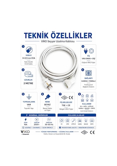 Viko Seyyar Uzatma Kablosu 2 Metre 3x2.5 Mm Cca Kablo Viko Erkek Dişi Fiş Klemensli Terminalli Topraklı Tse Ce Belgeli 2 M