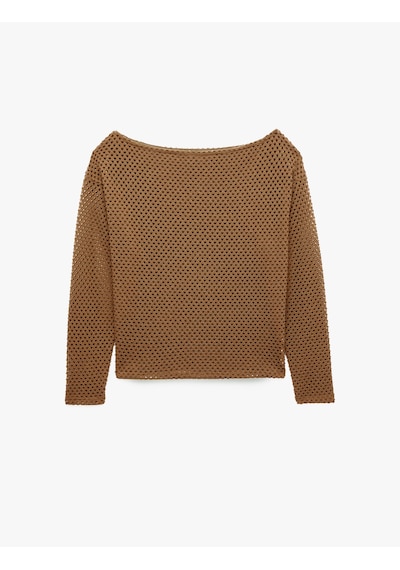 Koton File Dokulu Uzun Kollu Kayık Yaka Oversize Bluz Kahverengi 7wak80043ek Kahve